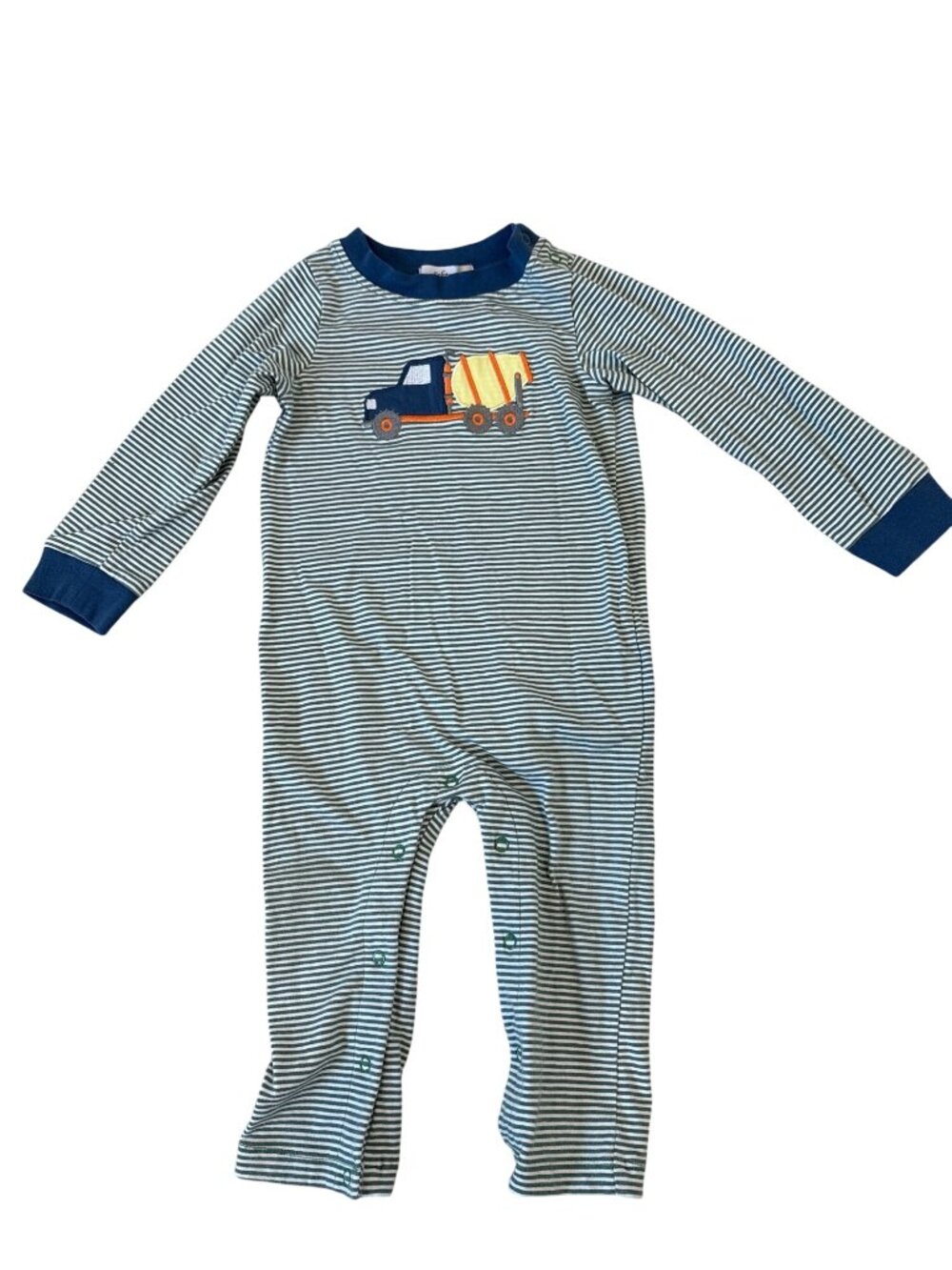 Striped Baby Romper With Cement Truck Applique Long Sleeves Snap Closure 95% Cot